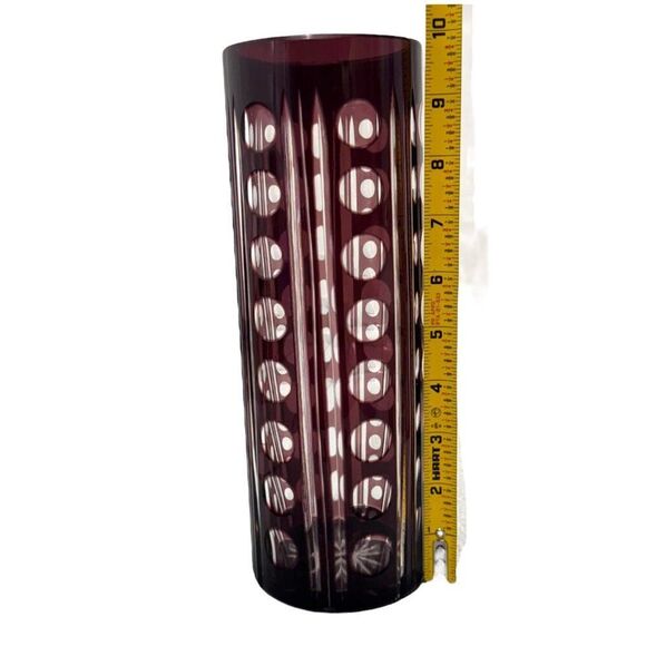 Vintage Hand Cut Bohemian Crystal Vase  Circles Lines Geometric In Deep Amethyst - Picture 5 of 5